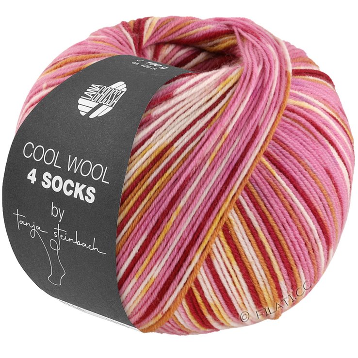 Lana Grossa COOL WOOL 4 SOCKS PRINT III | 7201-pinkki/viininpunainen/ecru/keltainen/kameli